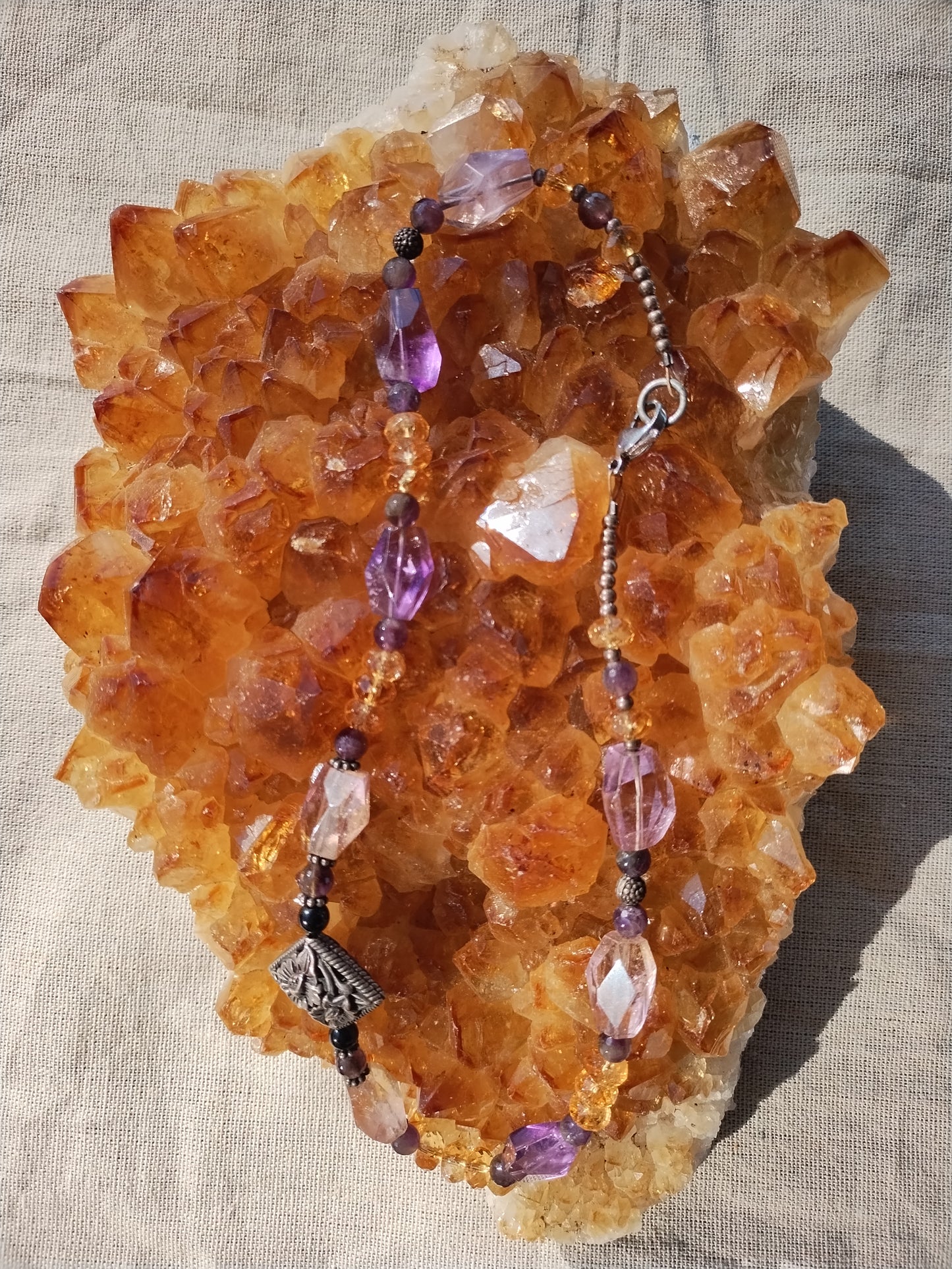 Citrine, Amethyst, Ametrine, Smokey Quartz, Black Tourmaline, Sterling Silver Choker Necklace