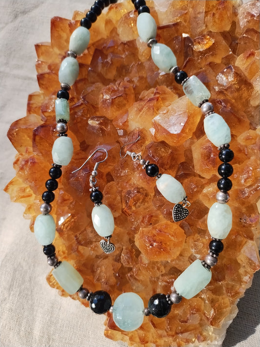 Aquamarine, Black Tourmaline, & Sterling Silver Necklace